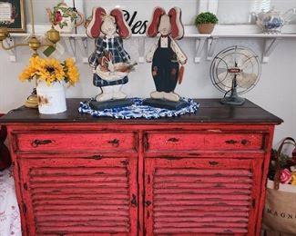 Farmhouse Red Sideboard - Antique Fan - Home Decor