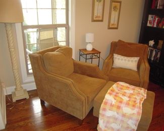 nice, upholstered chairs & ottoman floor lamp