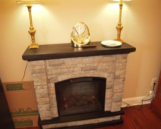 Electric fireplace, brass lamps