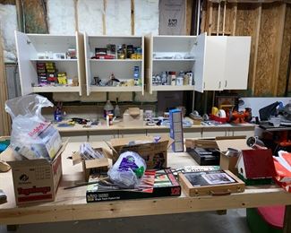 workroom with tools, power tools, Christmas decor, Train track N Scale unitrack