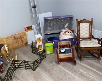 Radio Flyer red wood wagon, childs rocking chair, pink trunk for camping, crutches