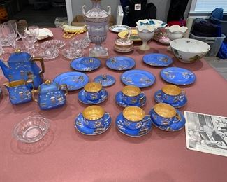 beautiful blue tea set, cups saucers