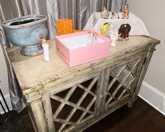 Handmade figurines glazed and fired, planter, one of two matching two door distressed chests with mirror doors