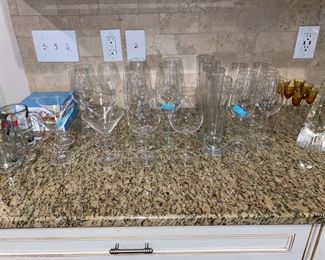 Waterford wine glasses, beer, Champagne, martinis, etc
