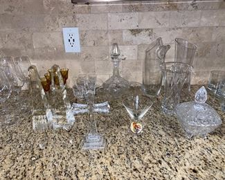 Waterford cross, Baccarat sculptures (2) decanters, glassware
