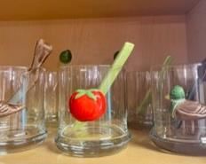 Set of 6 cocktail mix glasses with glass stirrers (rifles for the duck glasses, celery and 2 glass olives for tomato glass) - 3 are decorated, 3 are clear but have glass olive stirrers