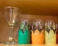 Set of 4 heavy glass wine glasses, and a very rare set of Japanese Garden themed glasses with color plastic bottom blossom bases (8)