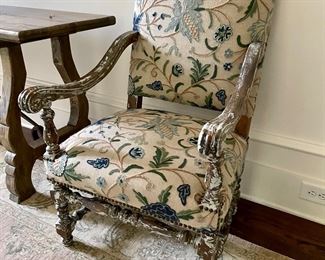 Fantastic pair of hall chairs, arm chairs with chainstitch fabric.