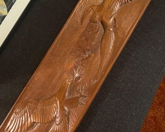 Four foot long carved wood birds in flight