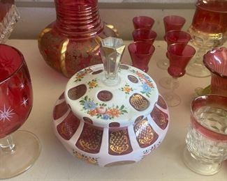 Decorative Cranberry glass covered Dish