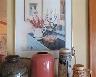 Original Still life by Marisa along with pottery & German Steins