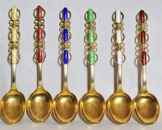 Scandanavian Guilloche Enamel Gold-Washed Silver Spoon Set