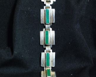 Sterling Silver & Malachite Plaque Bracelet NICE!