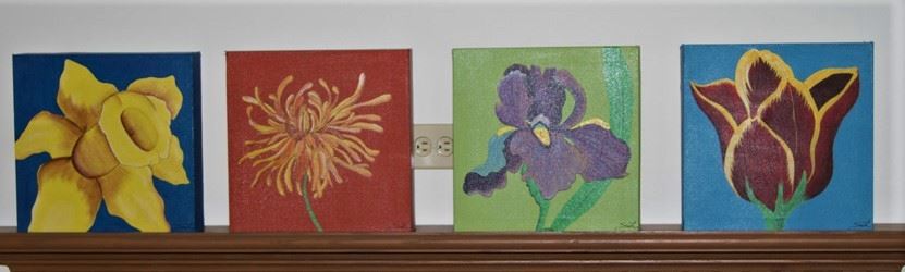 Four painted flowers for hanging