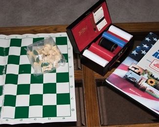 Portable chess game.  Poker chip set