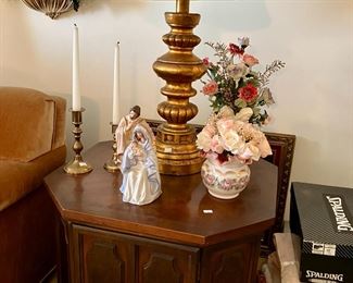 End table, lamp, candle holders and accent pieces