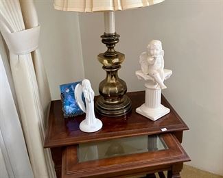 Lovely accent nesting accent tables with table lamp, sculptures 