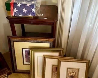 Beautiful antique accent table, decorative pictures