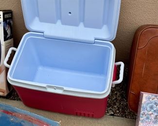 Ice chest, crockpot, suitcases
