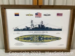 wframed print uss arizona battleship artist signed3551 t