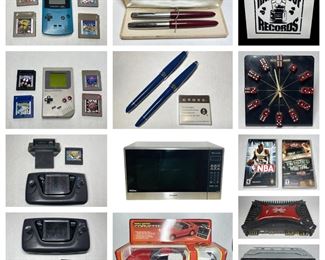 Nintendo Game Boys, Sega Game Gear Consoles, Games, Traxxs Monster Truck, Portable Icemaker, Foreign Coins, Double Pedestal Dining Table, Canon AE-1 Film Camera, Signed Glass Sculpture, Cigarette Injector Machine, Bulova Weather Station Clock, Pen Sets & More.