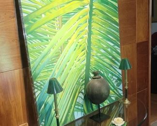 Large Palm Frond Art, and Glass & Brass Half-Moon Table