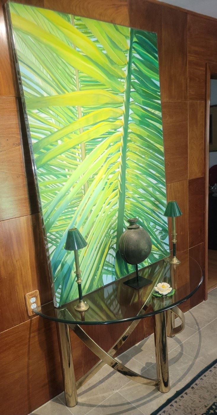 Large Palm Frond Art, and Glass & Brass Half-Moon Table