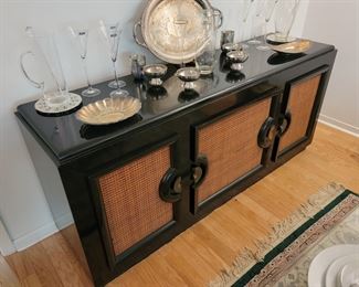 Paul Lazlo Style Ebonized Credenza made by Stewartstown  . Filner Plate Waterford Marquis Champagne Glasses 
