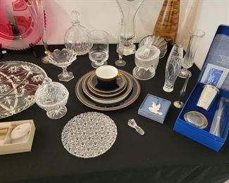Large Red  Dalzell Viking , Crystal Decanters and Glass Vases, Candlewick Round Platter and Sallsbury Pewter Set