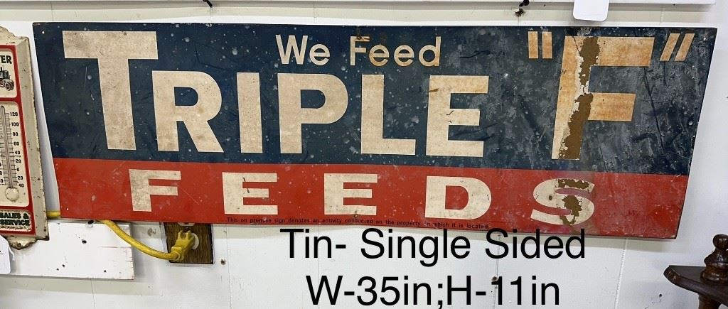 Tin TRIPLE F FEEDS Sign (W-35in;H-11in)