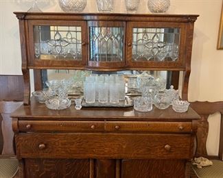 Antique oak buffet and cut glass