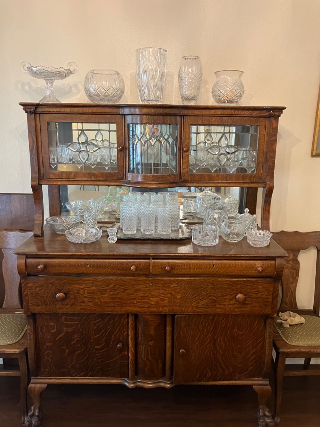 Antique oak buffet and cut glass
