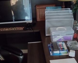 L shaped Desk w top and office file and desk stuff