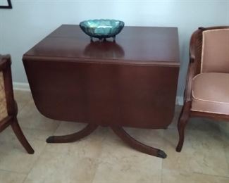 Duncan Phyfe drop leaf dining table
Carnival glass and club chairs
Recently reupholstered 