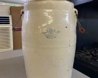 P13 - $50.  #5 crock with lid and churn handle. 