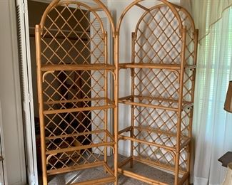 H10 - $250 each. Rattan Shelving Units with glass shelves. 
