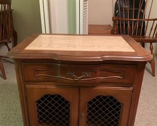 H13 - $75. White Fine Furniture Mebane nightstand or side table. Has Marble piece inset on top. Measures 25.5" tall x 27" wide x 18" deep. 