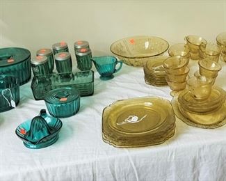 Amber and Teal depression glass sold as sets and individual pieces.