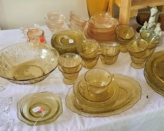 Amer and clear depression glass, clear candles sticks, sold as sets and individual pieces