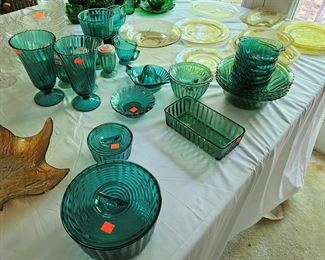 Teal and amber depression glass, sold as sets and individual pieces