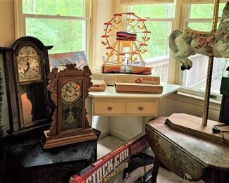 Clocks, Piko model railroad Ferris Wheel and box, carousel horse (items sold separately)