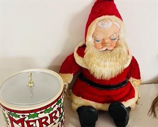 Vintage ice bucket and rubber faced handsome Santa