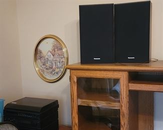 Radio/Cassette/Record player and speakers, Oak TV cabinet and artwork