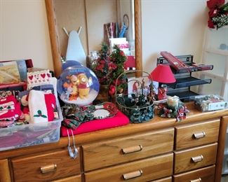 Oak dresser with mirror, assorted Christmas items including linens & more