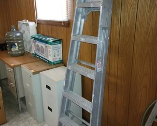Metal ladder (SOLD) , file cabinets, desk, fan & more