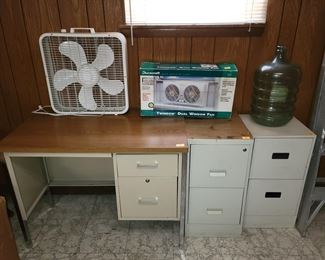 Desk, fan, window unit, file cabinets & more