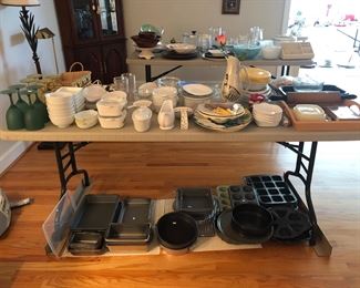 Lots of bakeware and dishes. 