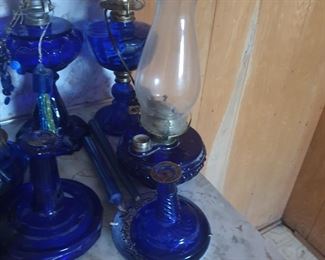 blue glass oil lamps