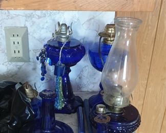 blue glass oil lamps