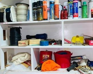PAINT SUPPLIES, WIRE ON ROLLS, STORAGE SHELF